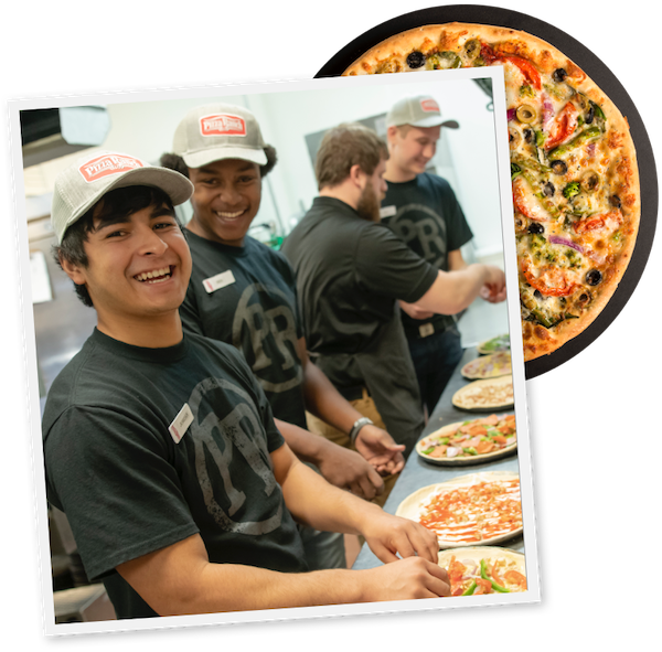 Pizza Ranch employees assembling pizzas
